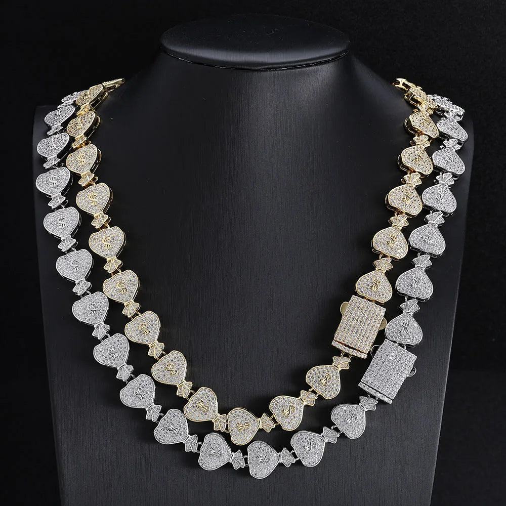 Iced Out Cuban Chain Necklace Money Bag CZ