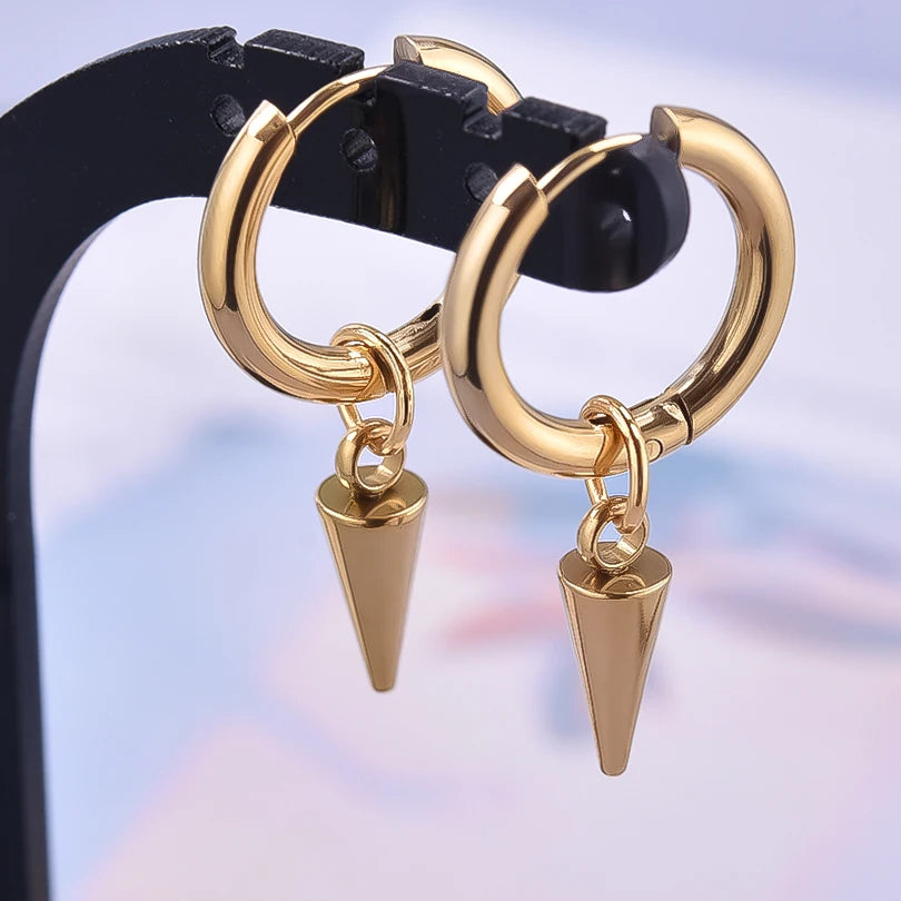 Spike Cone Drop Huggie Hoop Earrings for Men — Stainless Steel