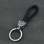 Vintage Wolf Head Keychains Viking Pendant Stainless Steel Wolf Keyring Male Black Leather Key Ring