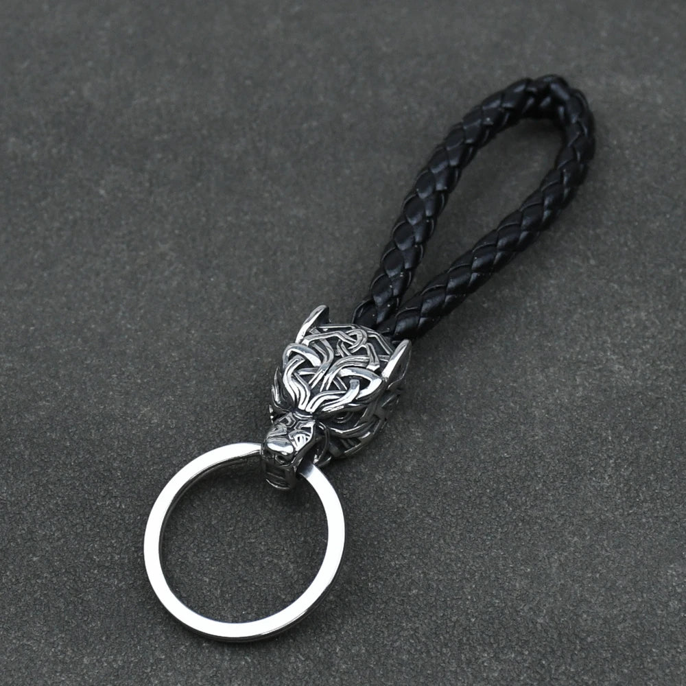 Vintage Wolf Head Keychains Viking Pendant Stainless Steel Wolf Keyring Male Black Leather Key Ring