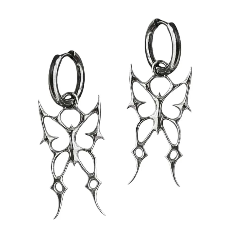Gothic Punk Silver Color Hollowed-out Thorn Swallowtail Butterfly Pendant Hoop Earrings for Men Women Couples Halloween