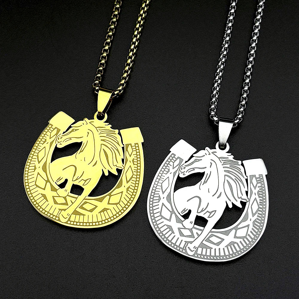 Horseshoes Horses U Shape Pendant Necklace For Women Men Stainless Steel Gold Color Animal Cowboy Male Daily Wear Chain Jewelry