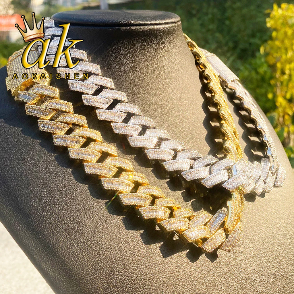 Aokaishen Iced Out Cuban Link Chain Men Necklace Choker 5A Prong Setting Cubic Zirconia Copper Gold Plated Hip Hop Jewelry