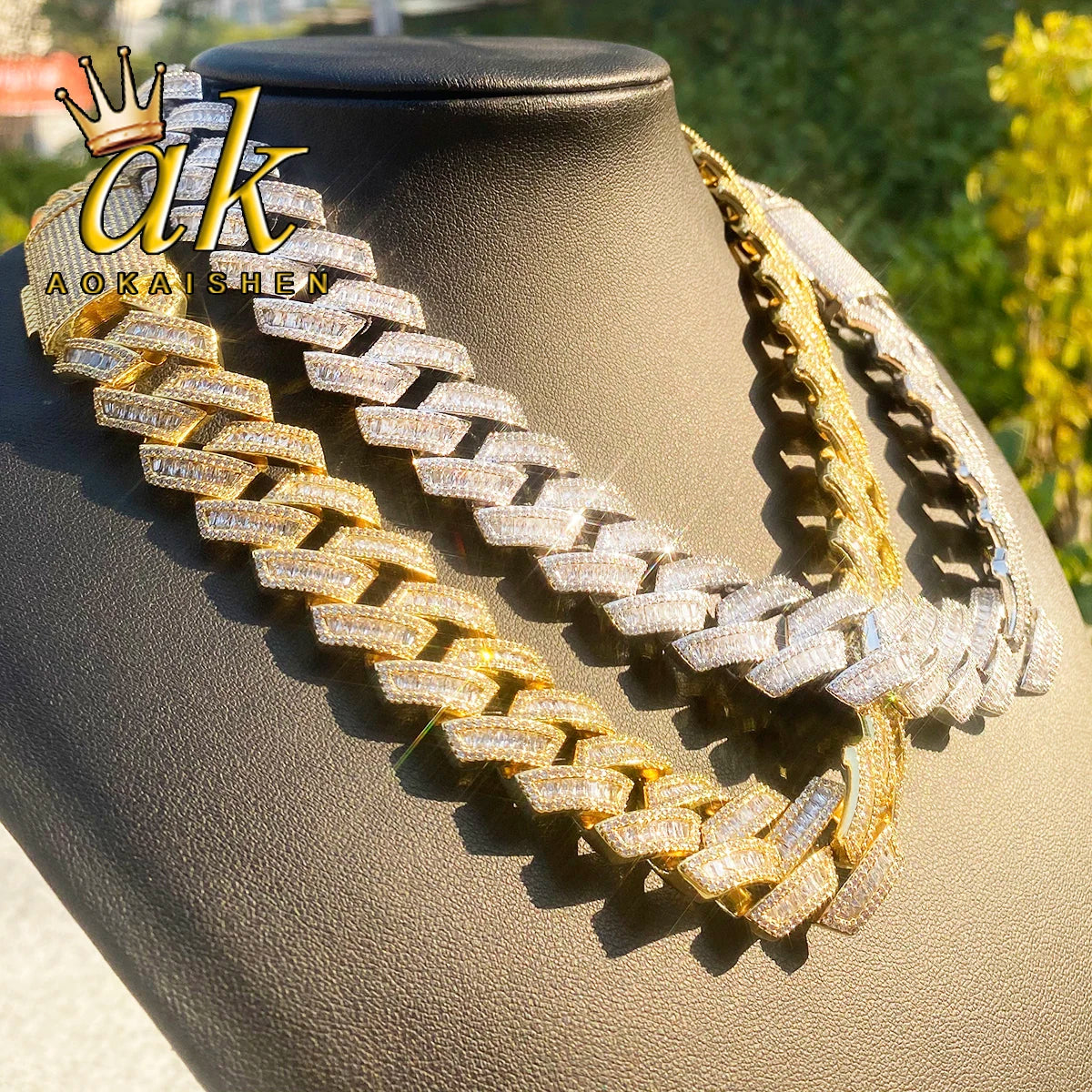Aokaishen Iced Out Cuban Link Chain Men Necklace Choker 5A Prong Setting Cubic Zirconia Copper Gold Plated Hip Hop Jewelry