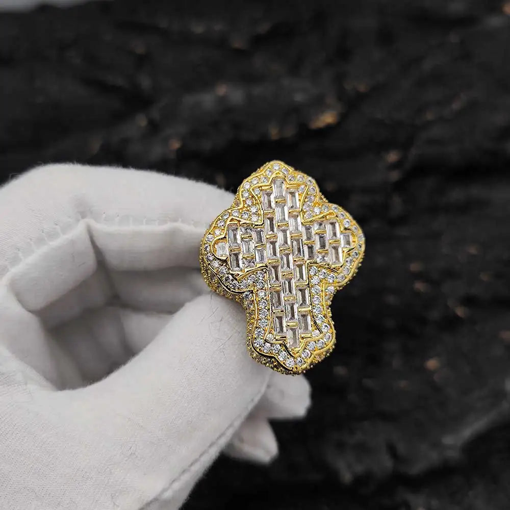 Cross Ring Iced Out Stainless Steel Statement