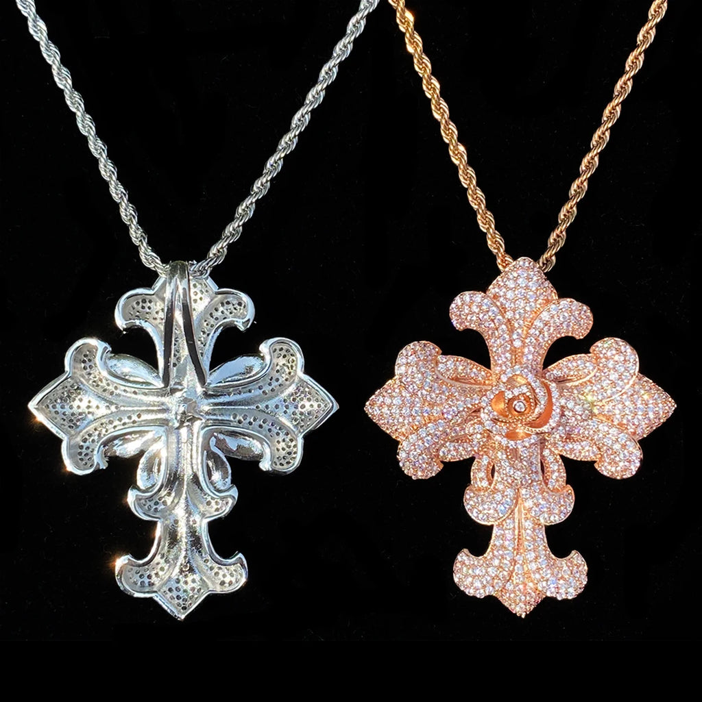 Aokaishen Iced Out Rose Flower Cross Necklace Pendant for Men Prong Setting 5A Cubic Zirconia Hip Hop Jewelry