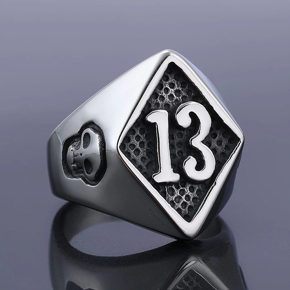 Lucky 13 & 7 Skull Biker Ring for Men — Stainless Steel