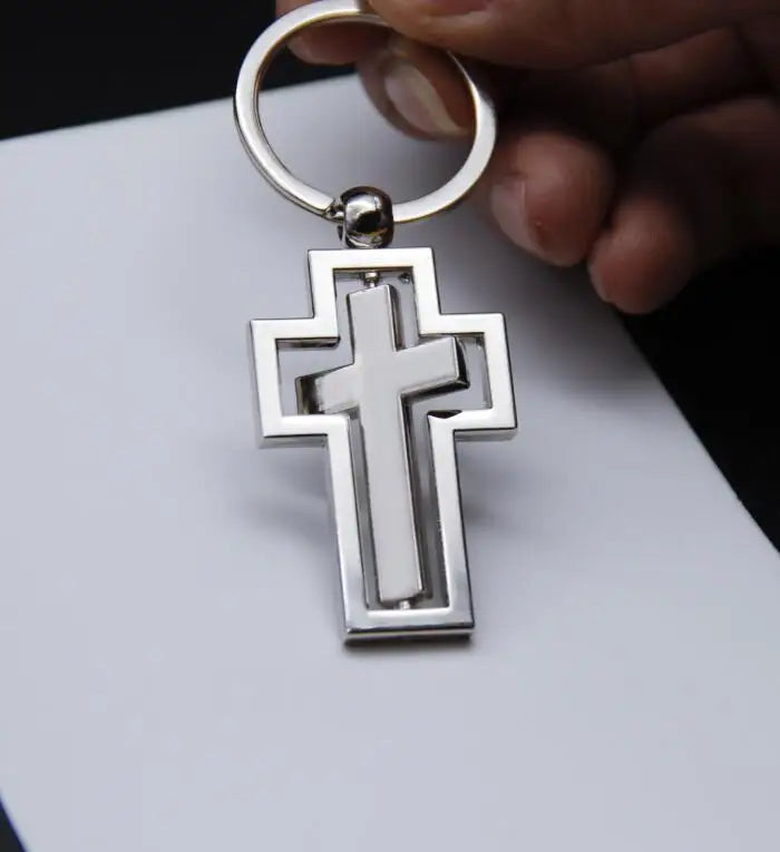 Religious Rotating Cross Keychain — Metal Car Key Holder