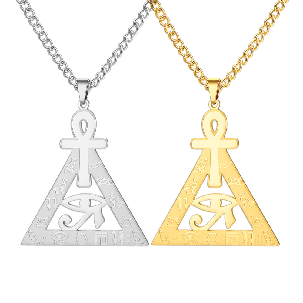 Ankh Cross Eye of Ra Necklace Egyptian Hieroglyphs Pyramid Pendant for Men Women Stainless Steel Spiritual Protection Jewelry