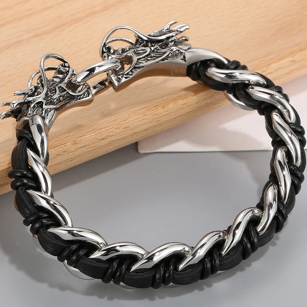Punk Rocker Dragon Head Bracelet Man Braided Genuine Leather & 316l Stainless Steel Men's Wrist Strap Bracelets Handles