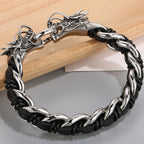 Punk Rocker Dragon Head Bracelet Man Braided Genuine Leather & 316l Stainless Steel Men's Wrist Strap Bracelets Handles