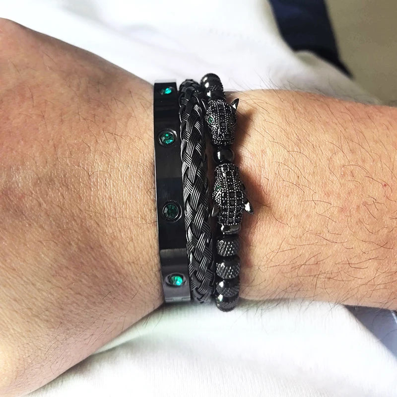Green Eye Leopard Head & Crown Crystal Bracelet — Stainless Steel