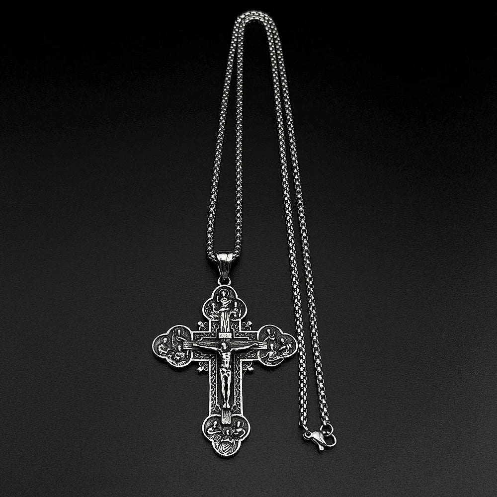 12 Apostles Jesus Crucifix Cross Christian Pendant Necklace for Women Men Stainless Steel Vintage 316L Amulet Chain
