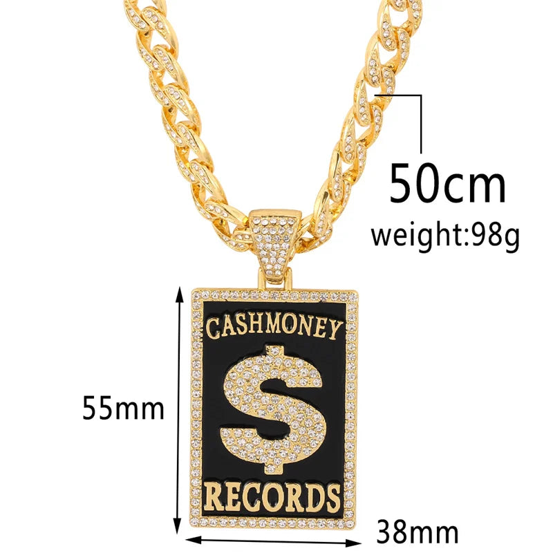 Goth Dollar Sign 'Cash Money Records' Iced out Pendant Necklace with Cuban Chain Hip Hop Jewelry for Street Style Rapper Gift