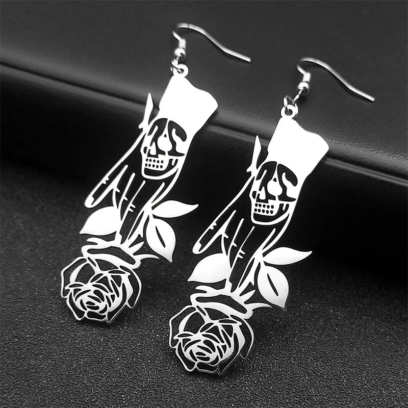 Gothic Skull Gold Earrings Vintage Rose Flower