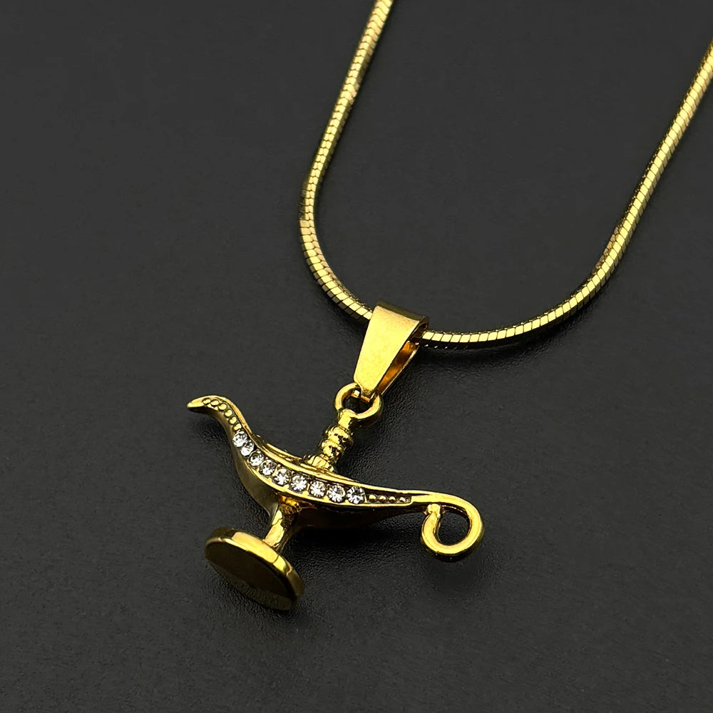 Snake Gold Pendant Vintage Aladdin Lamp Rhinestones