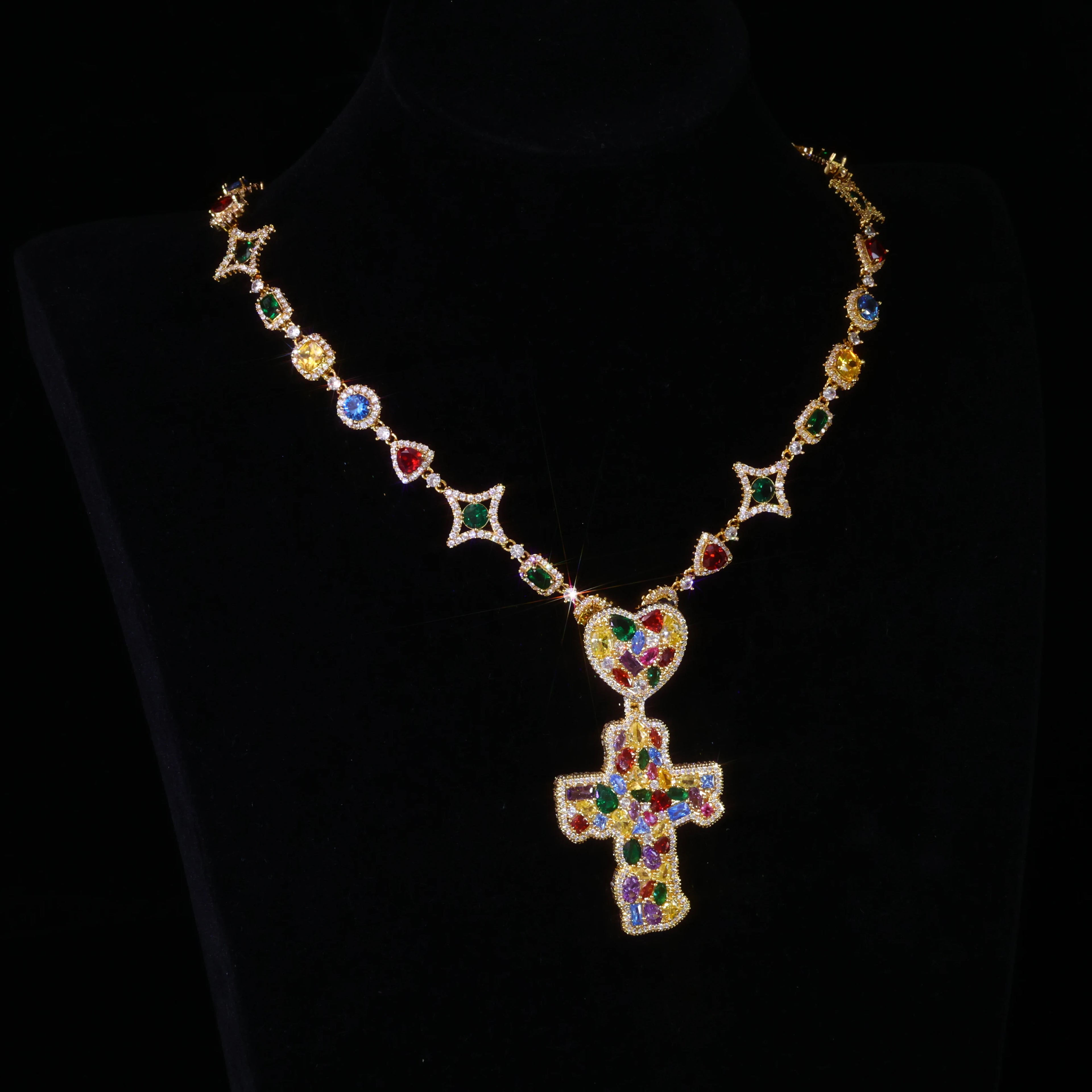 Cross Pendant Necklace Iced Out Multi-Color CZ