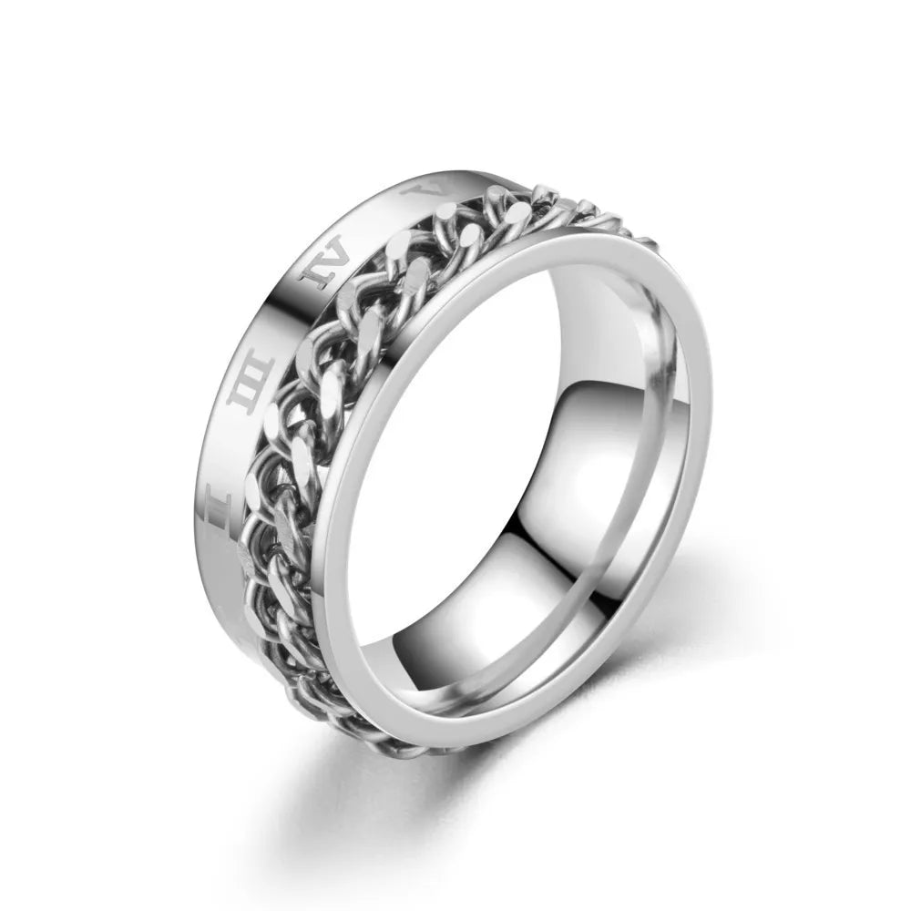 Roman Numerals Stainless Steel Chain Rotating Anxiety Black Rings For Men Fidget Metal Spinner Knuckle Ring Anillos De