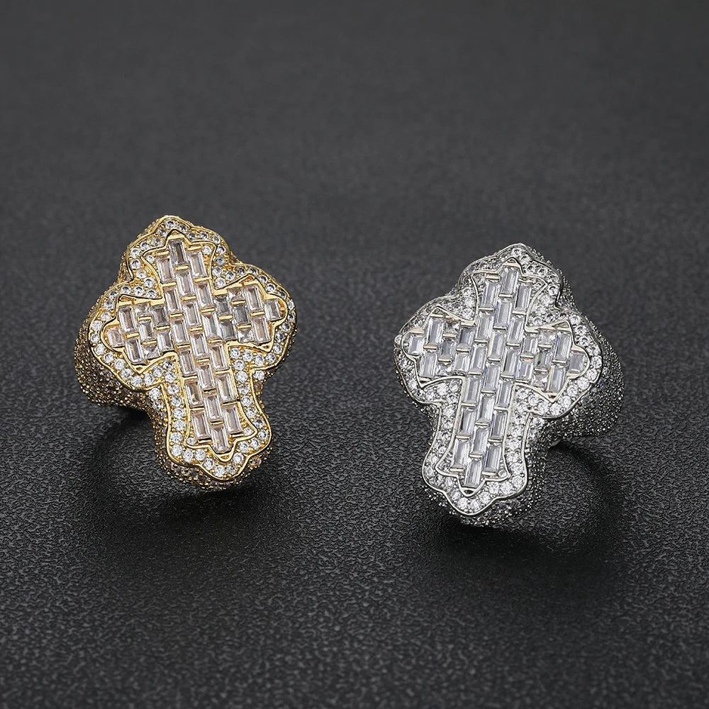 Cross Ring Iced Out Stainless Steel Statement
