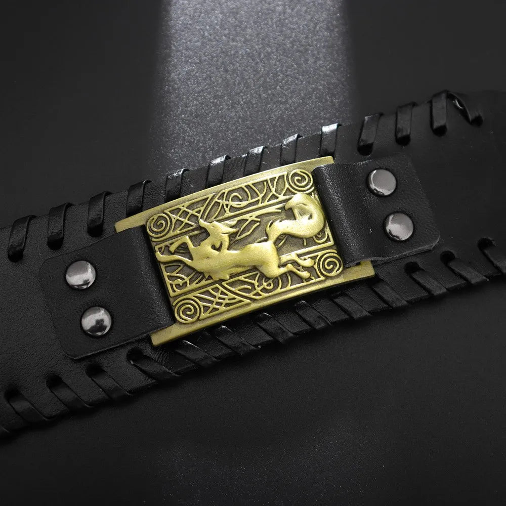 Nordic Viking Symbol Fox Pattern Bracelet Men's New Fashion Metal Leather Woven Jewelry Animal Accessories Party Gift