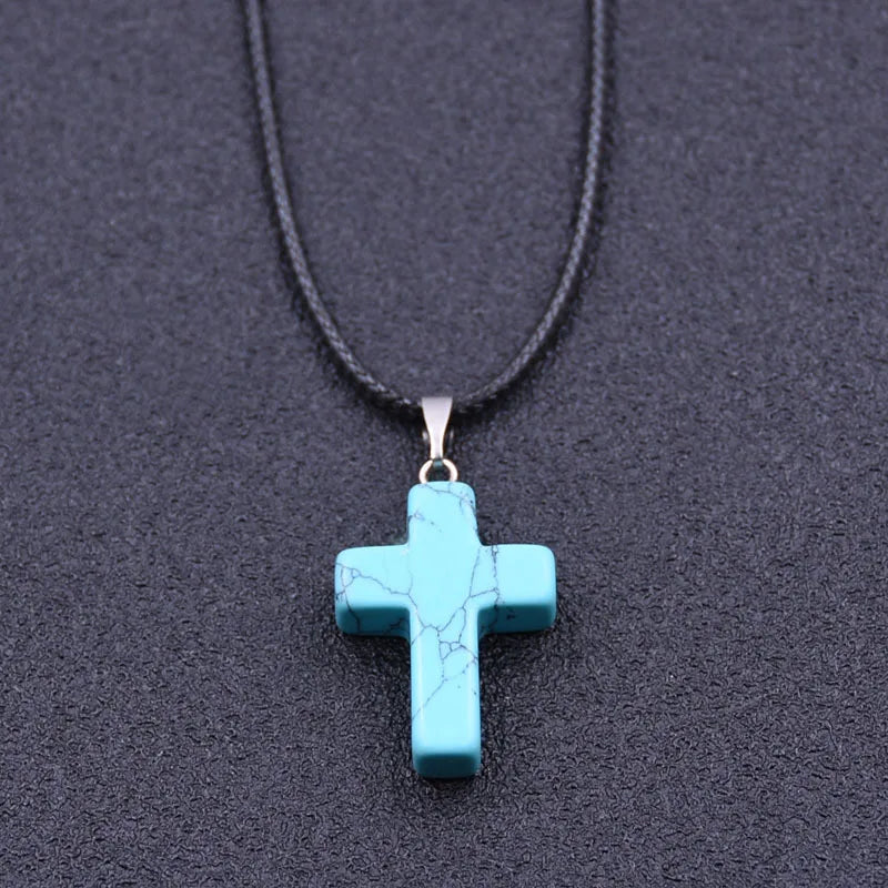 Tiny Natural Stone Turquoise Opal Cross Pendant Necklace With Stones Women Leahter Chain Choker Female Jewelry Party Girls Gift