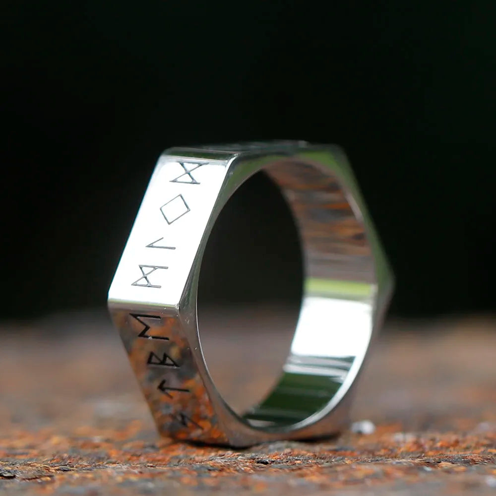 2023 New Creative Style 316L Stainless Steel Hexagon Viking Nordic Runes Ring For Men Fashion Biker Cool Jewelry Gift