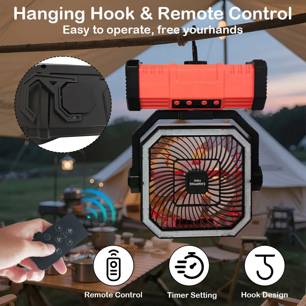 20000 mAh wireless battery-powered camping fan with LED light and remote control, 4 speeds, timer function, USB