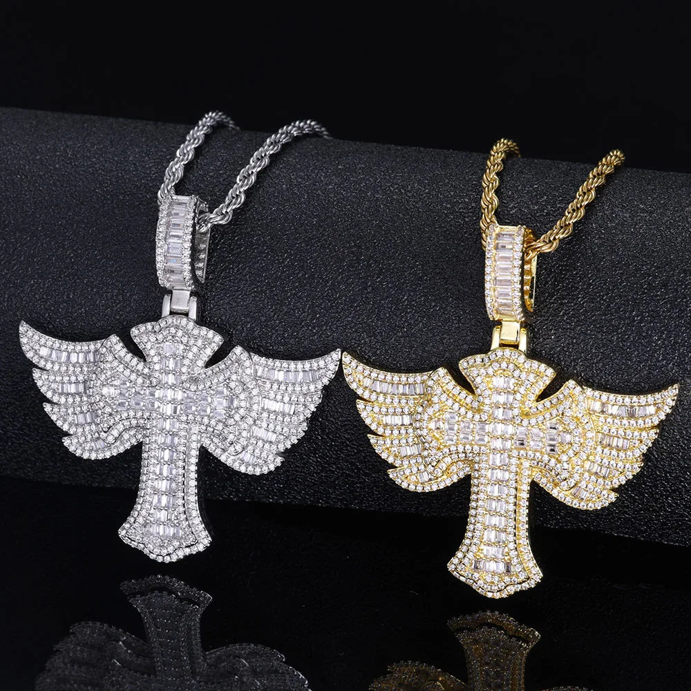 Cross Angel Wings Pendant Necklace Iced Out