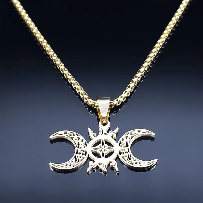 Wicca Celtic Knot Triple Moon Goddess Necklace Stainless Steel Gold Color Witch Amulet Chain Necklaces Pagan Jewelry