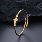 Adjustable Gold Cross Wire Bangle, Stainless Steel Open Cuff Bracelet, Christian Religious Jewelry for Men Women Gift