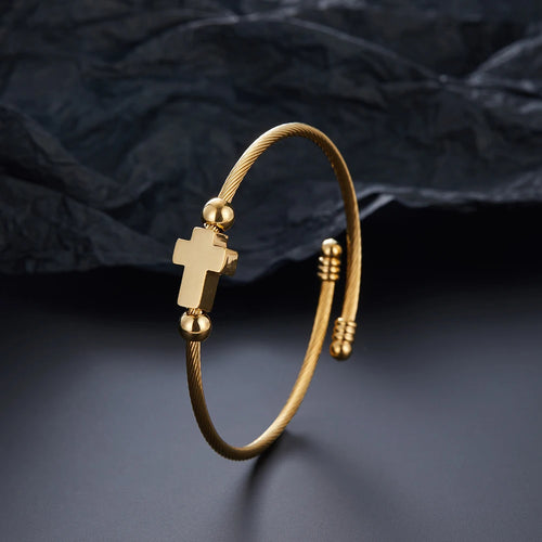 Cross Gold Wire Stainless Steel Open Cuff Bracelet