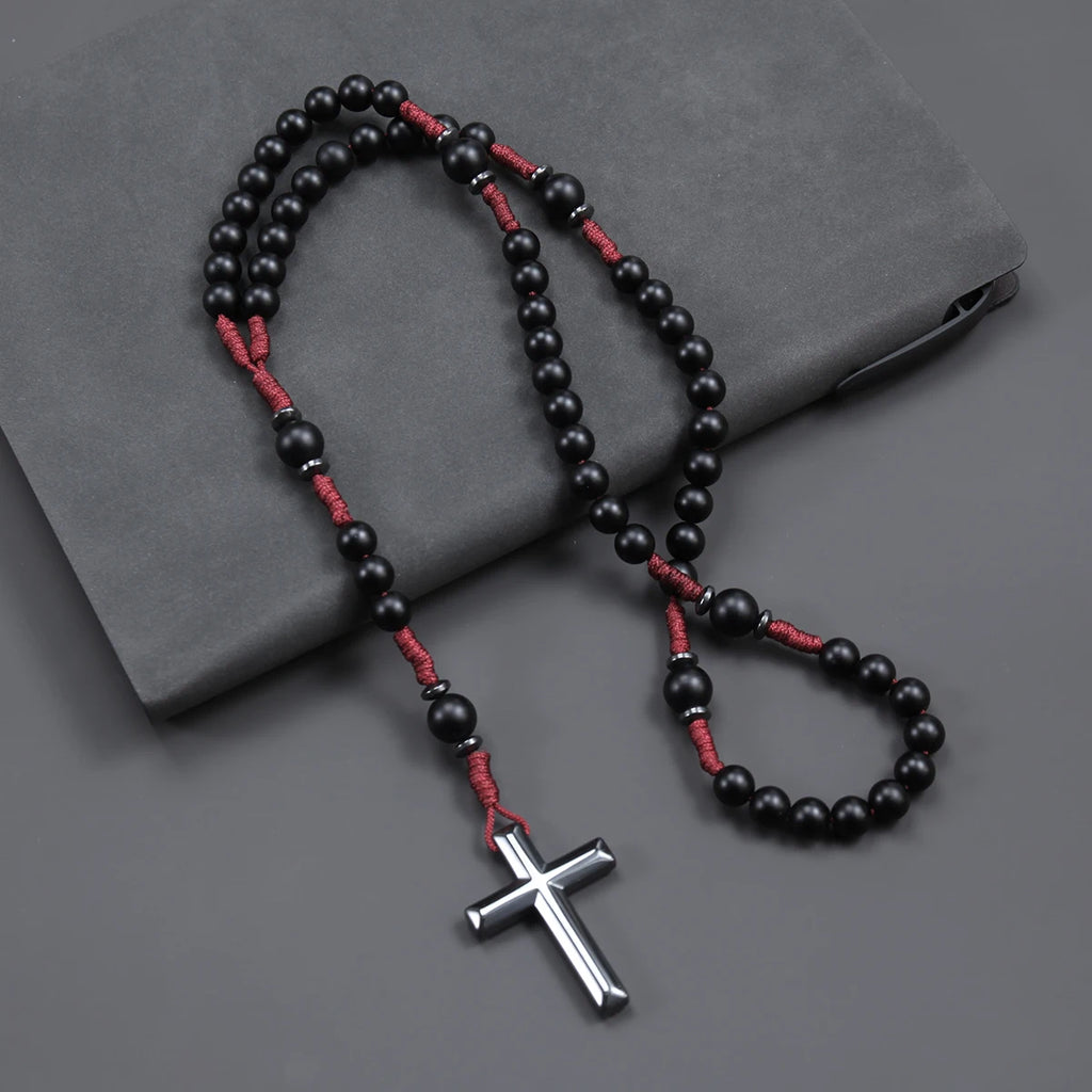 Matte Black Round Beads Red Cord Necklace with Cross Pendant Rosary for Men and Women