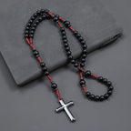 Matte Black Round Beads Red Cord Necklace with Cross Pendant Rosary for Men and Women