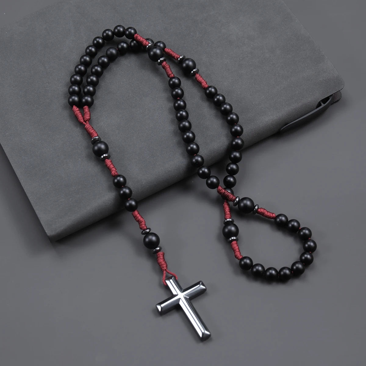 Matte Black Round Beads Red Cord Necklace with Cross Pendant Rosary for Men and Women