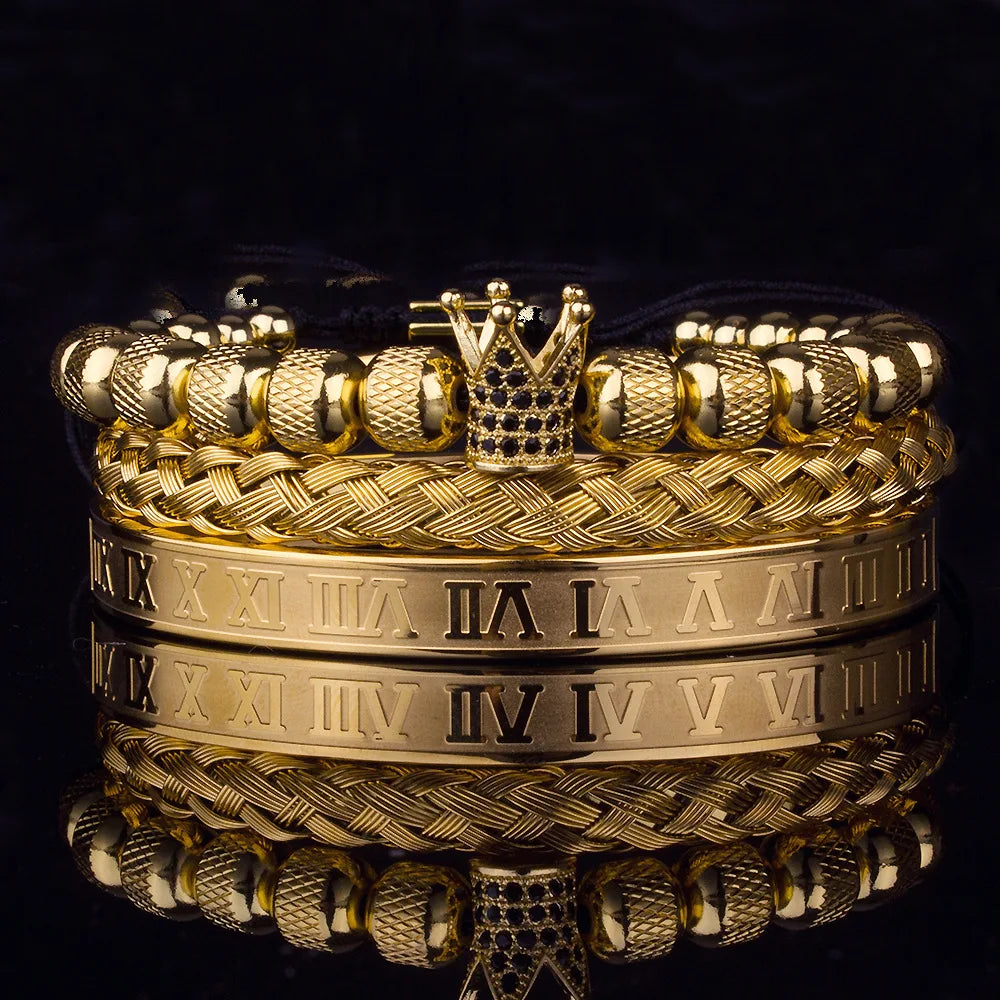 3pcs/Set Luxury Royal CZ King Crown Men Bracelets Roman Numeral Braided Adjustable Pulseira