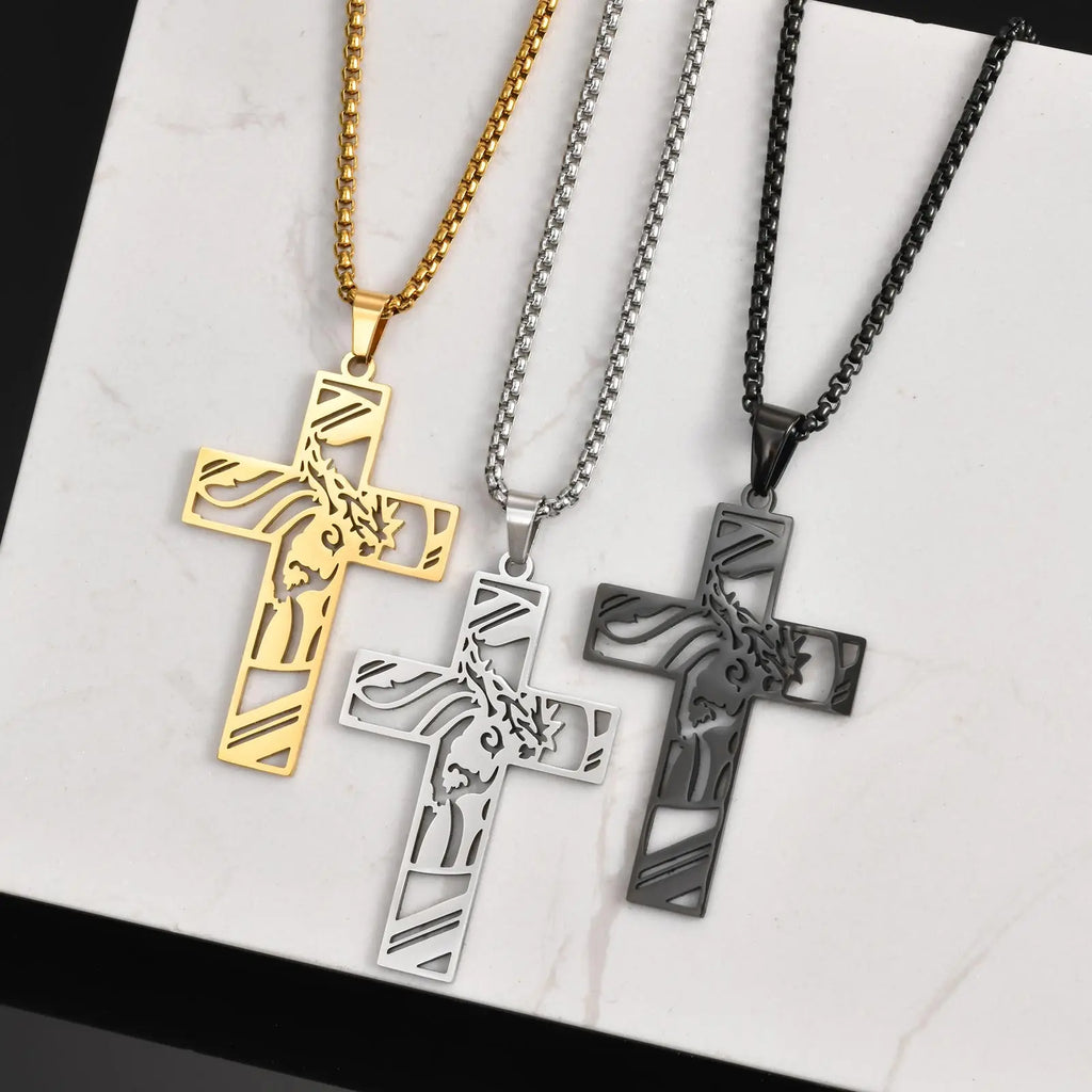 Catholic Jesus Cross Pendant Necklace for Men Women Stainless Steel Long Chain Vintage Necklaces Waterproof Christian Jewelry