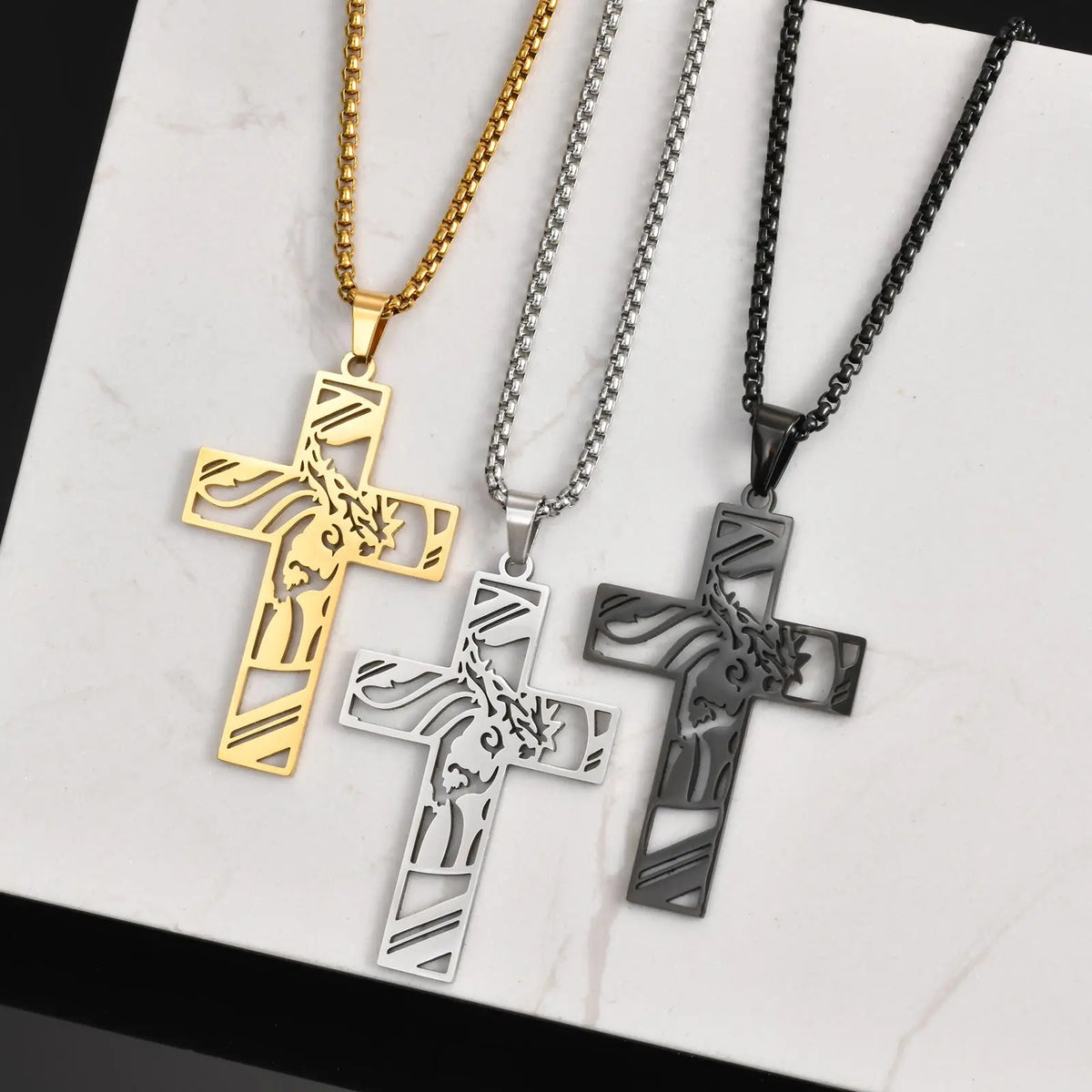 Catholic Jesus Cross Pendant Necklace for Men Women Stainless Steel Long Chain Vintage Necklaces Waterproof Christian Jewelry