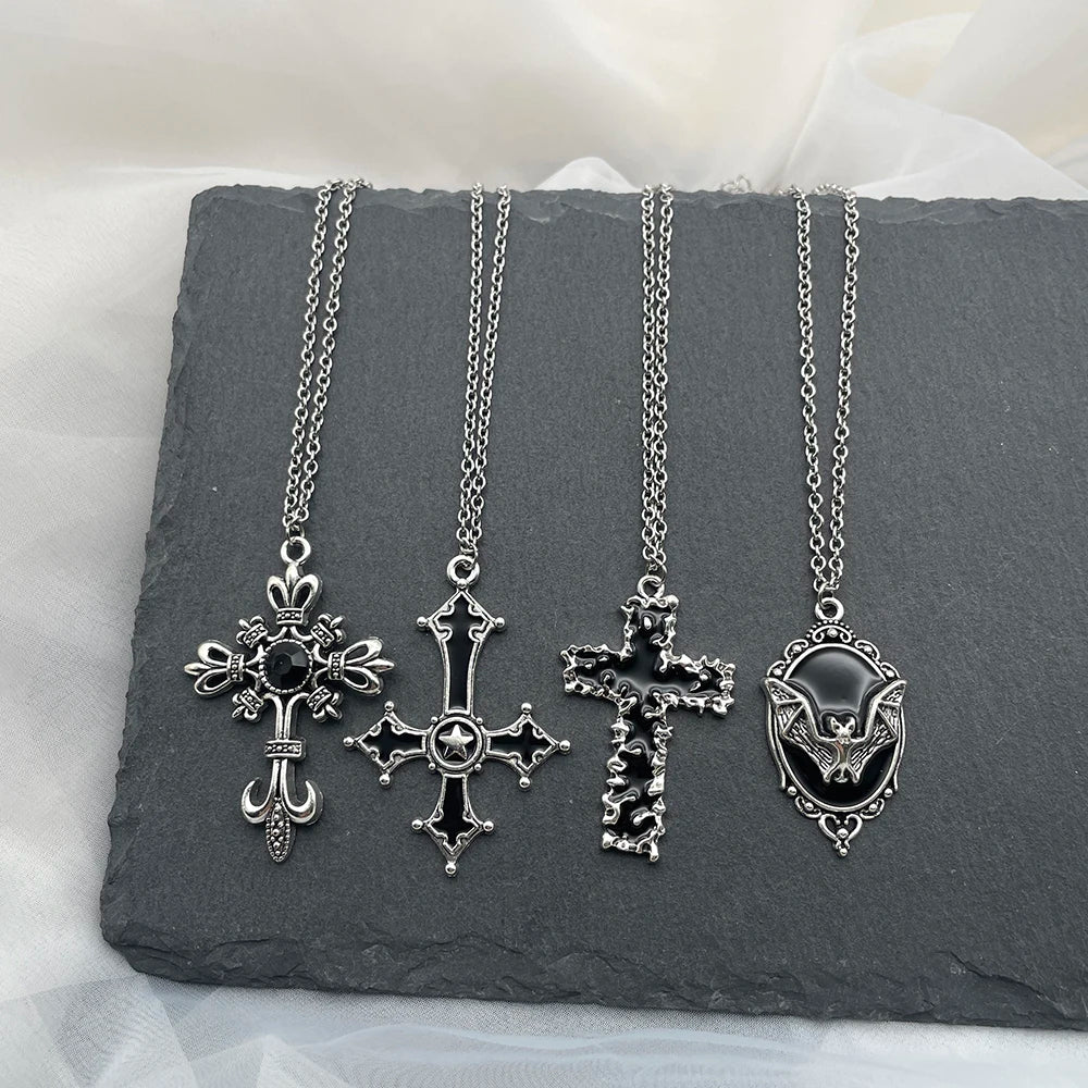 Y2k Black Series Cross And Bat Pendants Unisex Necklace Stainless Steel Chain Jewelry for Men And Women