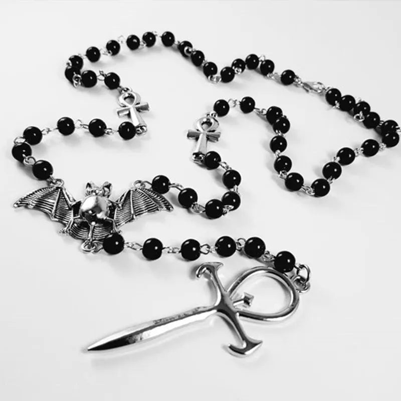 Emo Vampire Ankh Rosary Occult Vamp BeEmo Vampire Ankh Rosary Occult Vamp Bead Necklace Goth Punk Bat Cross Pendant