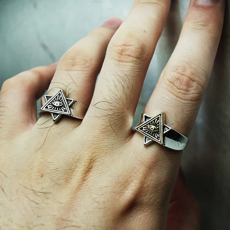 Gothic Eye of Providence Open Ring — Two-Tone Adjustable