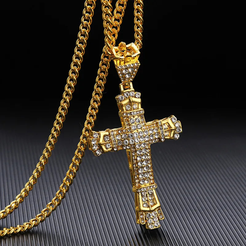 Gold Iced Out Cross Pendant Necklace Vintage Link