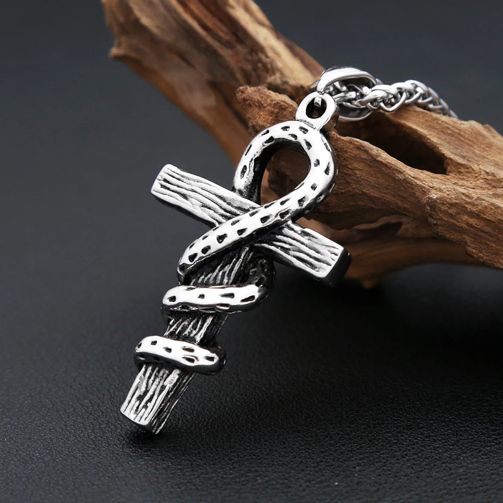 Snake Cross Pendant — Stainless Steel