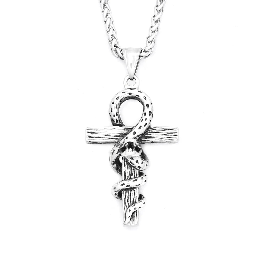 Snake Cross Pendant — Stainless Steel
