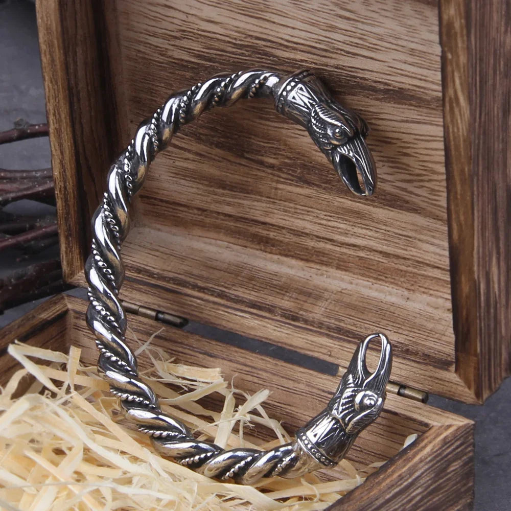 Viking Odin’s Ravens Head Bracelet Stainless Steel Twisted Open Cuff Norse Mythology Amulet Wristband for Men with wood box