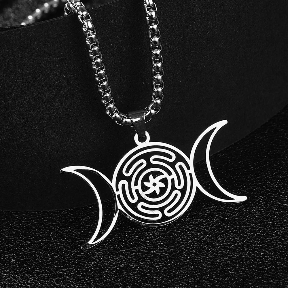 Hekate Wheel Triple Moon Pendant Necklace — Stainless Steel