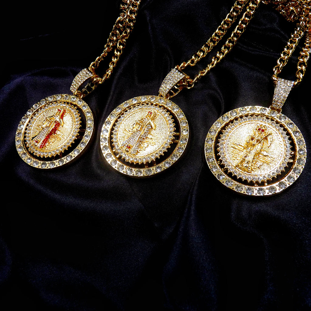 1 piece men's fashionable hip hop Santa Muerte set with sparkling rhinestones rotatable pendant decorative necklace