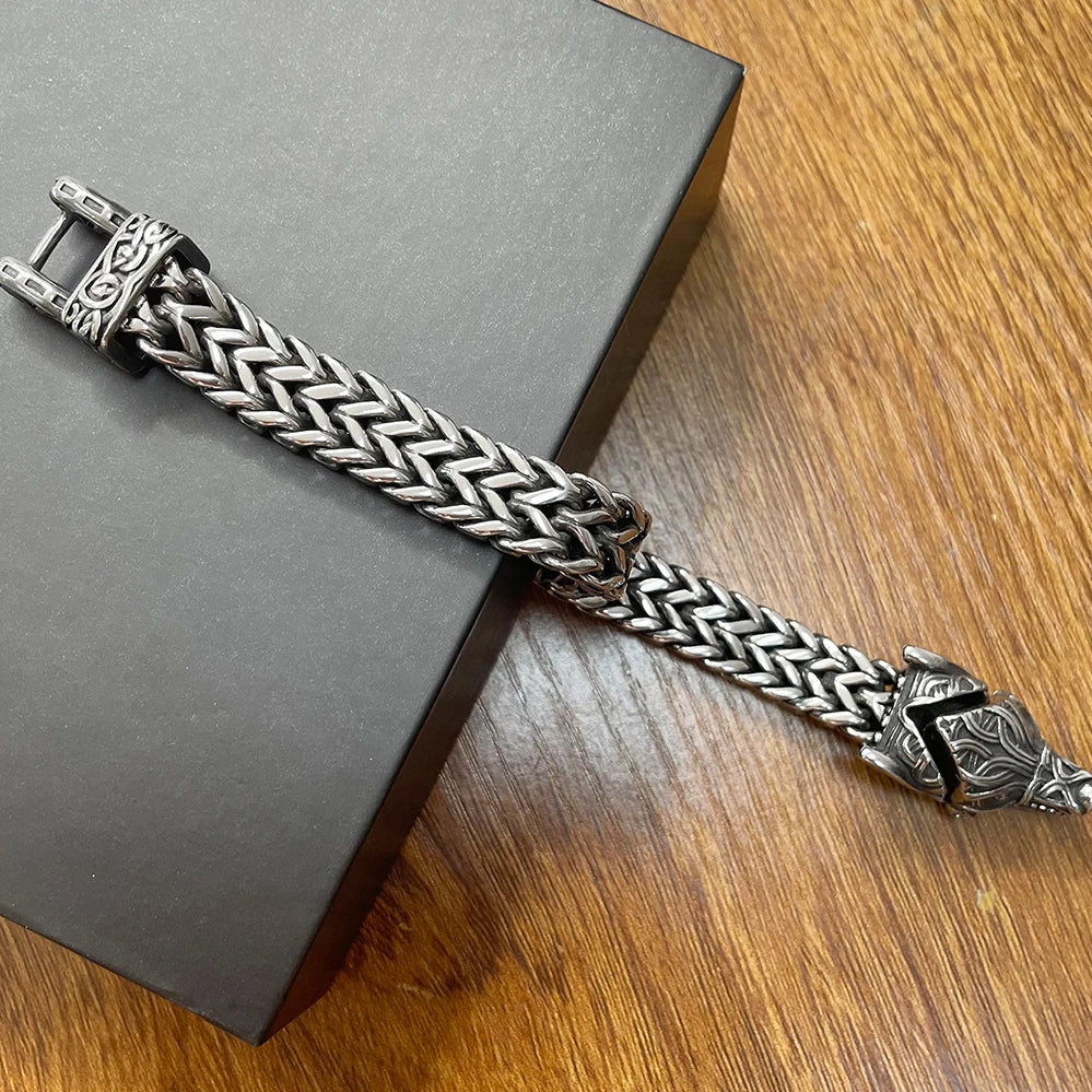 Norse Viking Wolf Bracelet for Men Stainless Steel 12MM Mesh Link Chain Open Wolf Mouth Men's Bracelets Nordic Jewelry