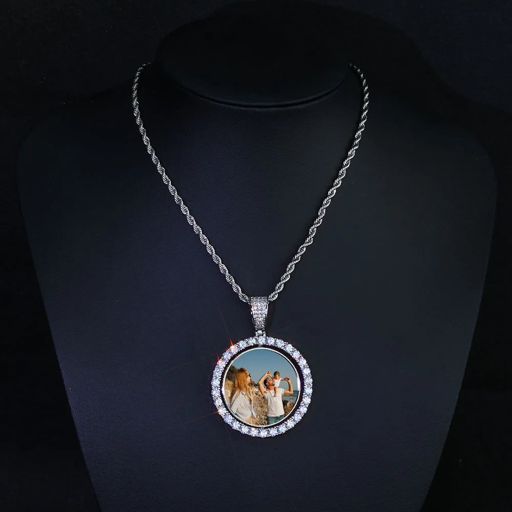 HHIOK Customized Necklaces Circle Chain Picture Personalized Diamond Memory Pendant with Photo Wing Design Gift for Men
