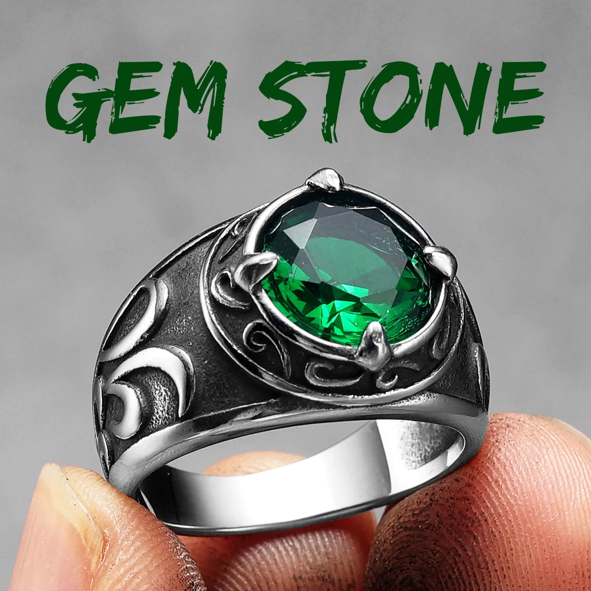 Gemstone Carved Ring — Stainless Steel