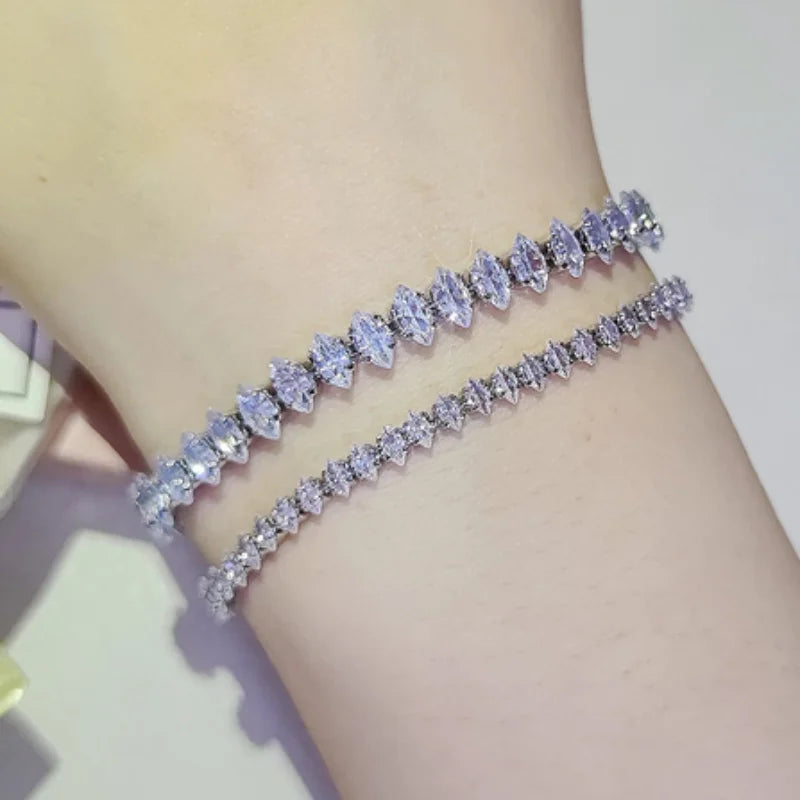 2022 New 18cm Marquise Oval Square Cut Luxury Silver Color on Hand Tennis Bracelet Bangle for Women Party Gift Jewelry